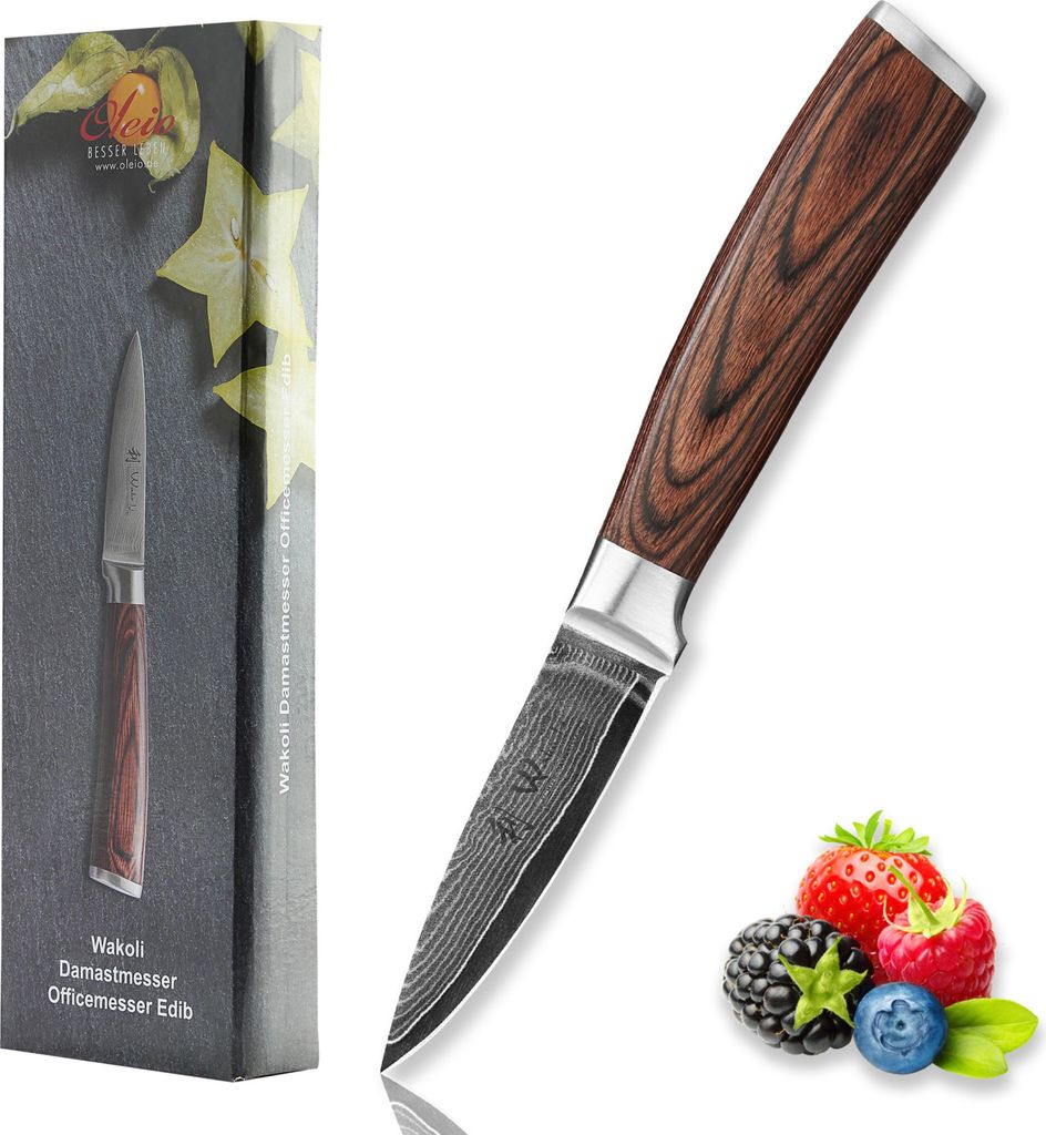 Wakoli EDIB Damast Officemesser I 8cm Klinge aus 67 Lagen Damaststahl I Pakkaholzgriff