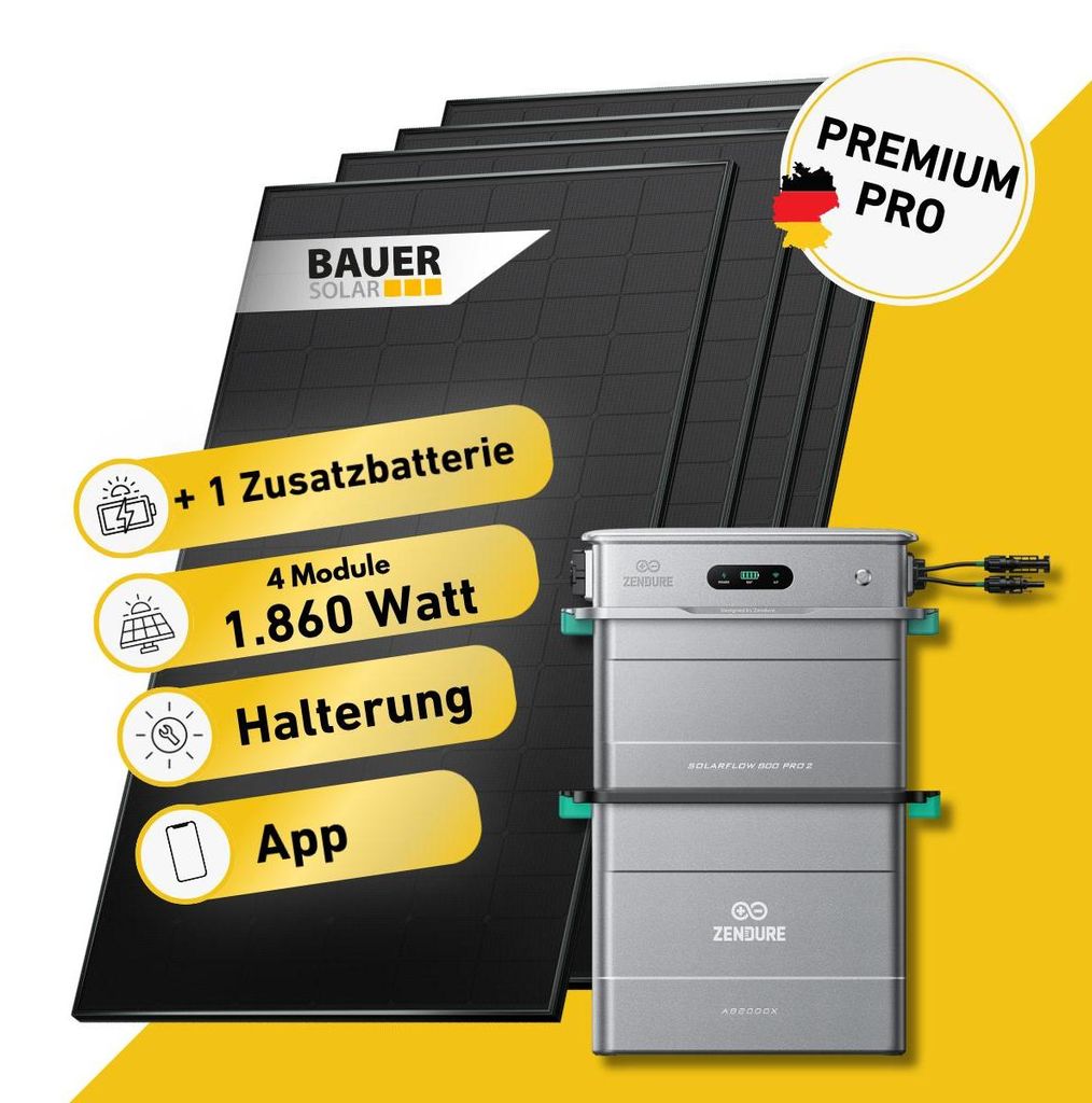 1860 Watt, Bifazial Komplettset, Balkonkraftwerk, Zendure Solarflow 800 Pro 2,1 x AB2000L Zusatzbatterie, Germany 5m Anschlusskabel, Halterung Balk...