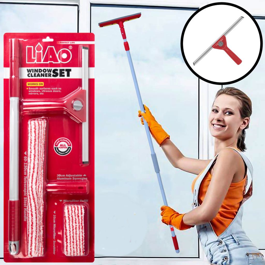 5-teiliges Scheibenwischer- / Glasreinigungsset mit ausziehbarem Griff 60 -> 130 cm. Fensterwischer mit Teleskopgriff - Fensterabzieher zum Waschen...