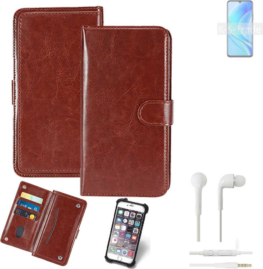 K-S-Trade 360° Hülle kompatibel mit Huawei nova Y70 Plus inkl. Headphones braun Kunstleder Case BookCase WalletCase Kunstlederederhülle