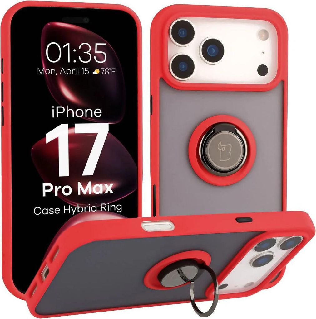 Handyhülle mit Fingergriff für iPhone 17 Pro Max, Bizon Case Hybrid Ring, getönt mit rotem Rahmen