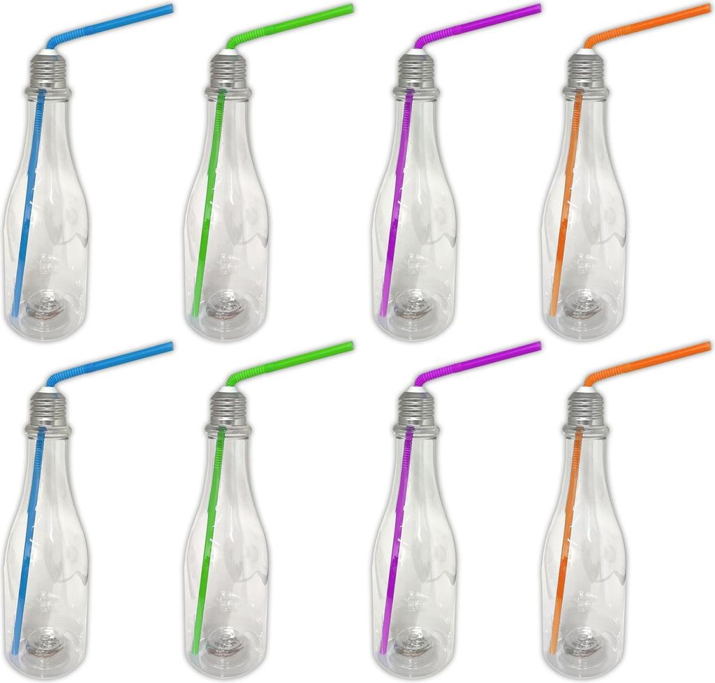 8er Set LED RGB Partyglas Birne mit Deckel und Strohhalm 400ml Party Kunststoff Trinkbecher Cocktail Transparent Beleuchtetes Longdrinkgläser Blinkend