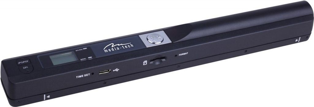 A black handheld scanner is shown against a white background.