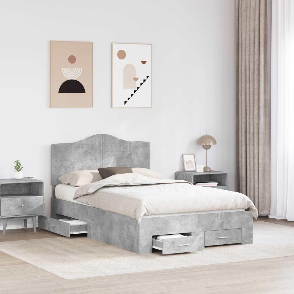 (Design 2026) Bettrahmen mit Kopfteil Beton Grau 135 x 190cm Holzwerkstoff - HOMMIE 881631 - Klassische BettenJugendbett Tagesbett