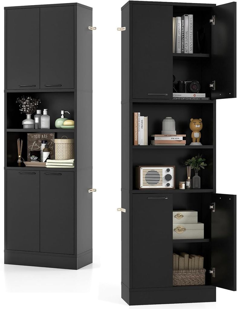KOMFOTTEU Hochschrank Aufbewahrungsschrank 190 cm, Mehrzweckschrank Küchenschrank mit 4 Türen & halboffenem Regal, 56 x 30 x 190 cm (Schwarz)