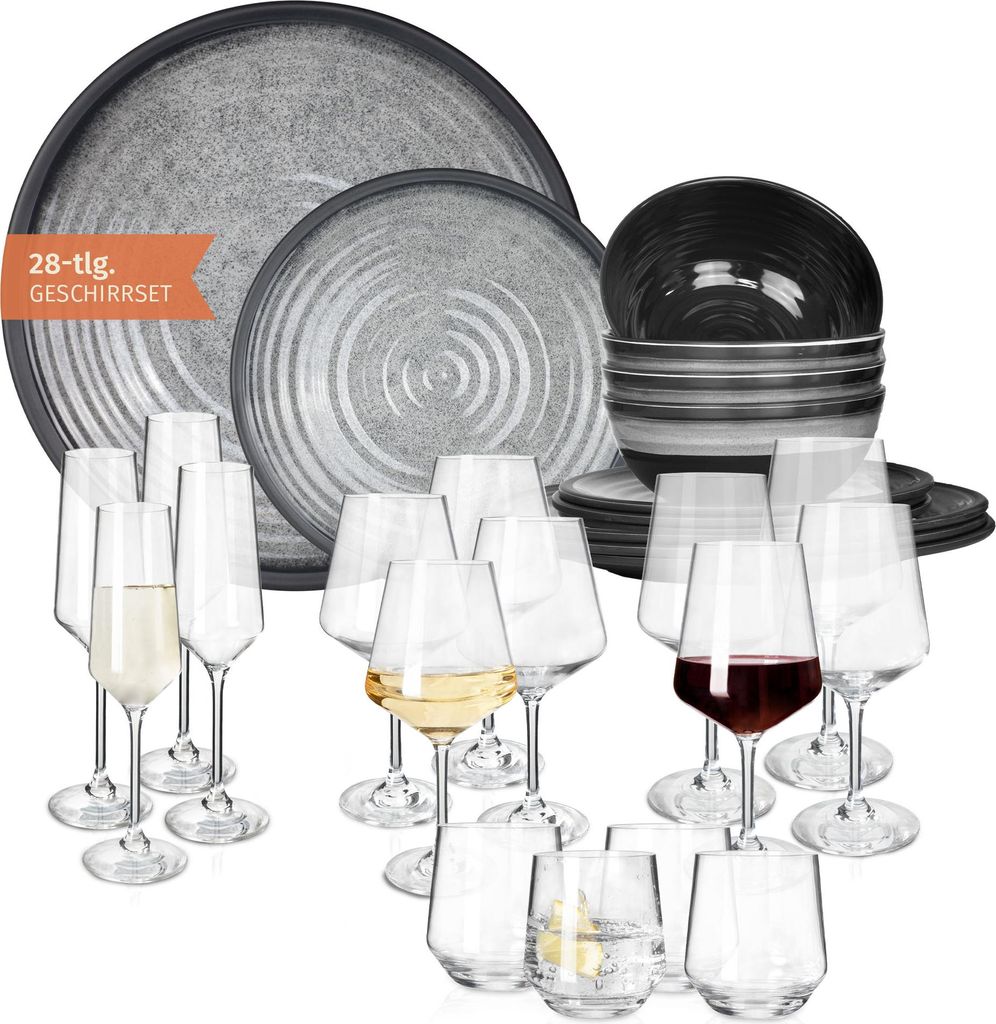 Melamin Camping Geschirr Set 4 Personen Stone Grey + 16 Milano Gläser Wassergläser Weingläser Champagner-Gläser Flûtes Tafelgeschirr Picknick ...