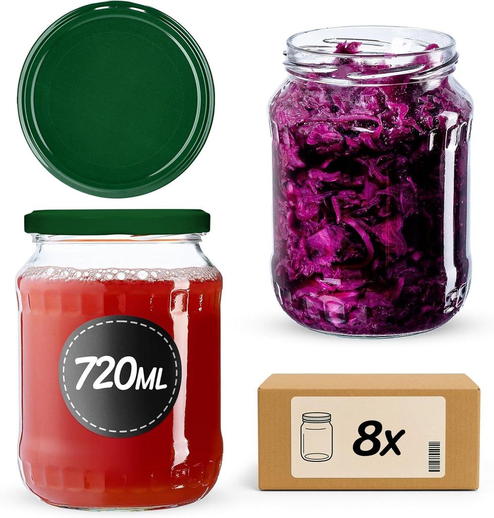 A collection of glass jars, a lid, and a cardboard box, likely for food preservation or storage.