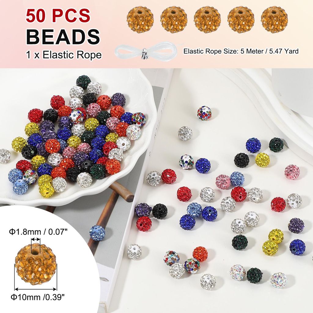 50 Stš¹ck Strassperlen Gro?e Perlen zum Auff?deln, 10mm Gl?nzende Runde Disco Ball Clay Perlen Loch Glitzerperlen fš¹r Armb?nder Halskette DIY ...