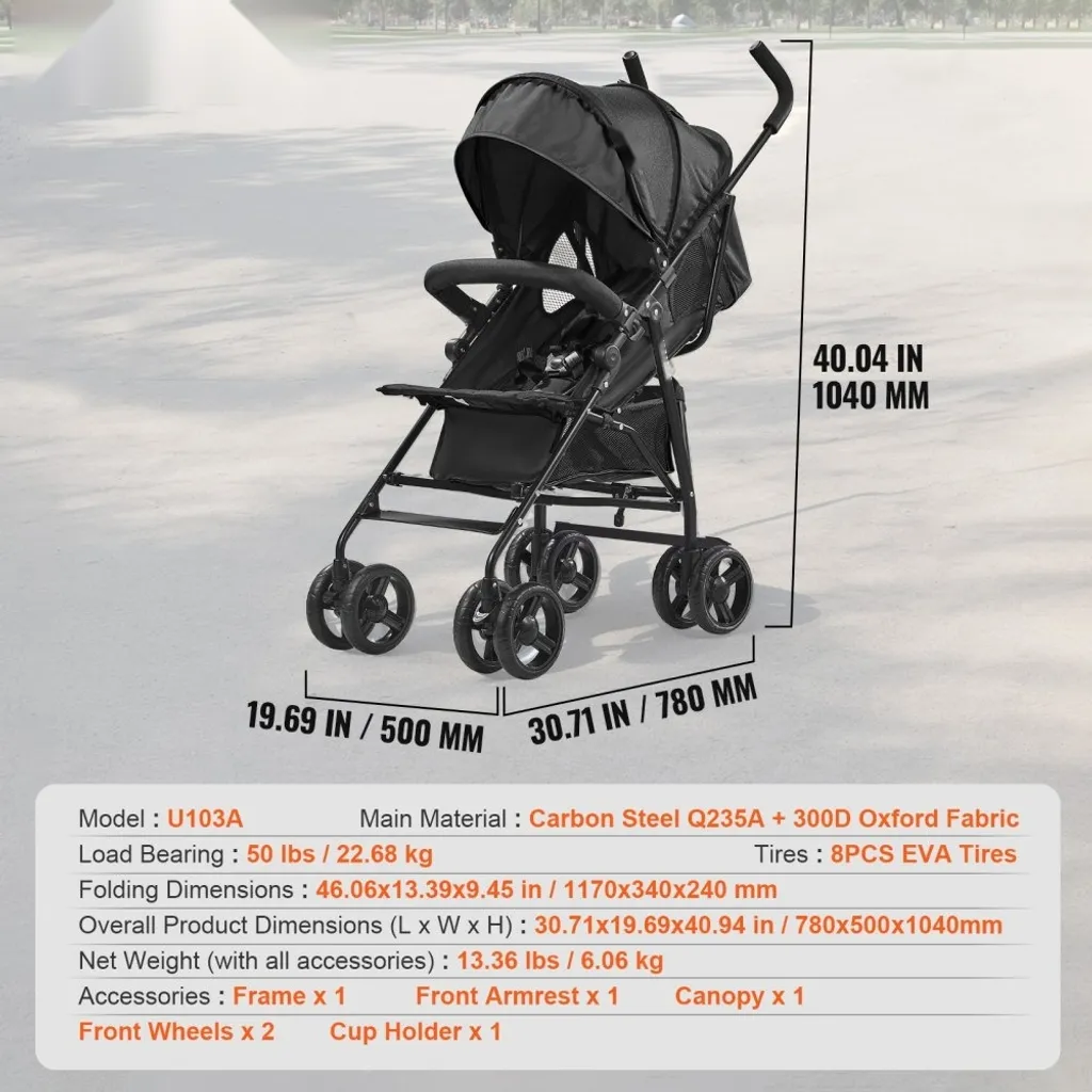 Poussette Buggy compacte noir dossier réglable - Confort enfant optimal