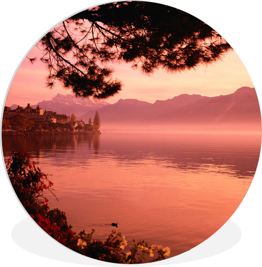 MuchoWow Rundes Wandbild - Runde Bilder Genferseeufer in Montreux Ø 30 cm Kreis Wanddekoration Kunststoff - Wandkreis - Wandschmuck - Schlafzimm...