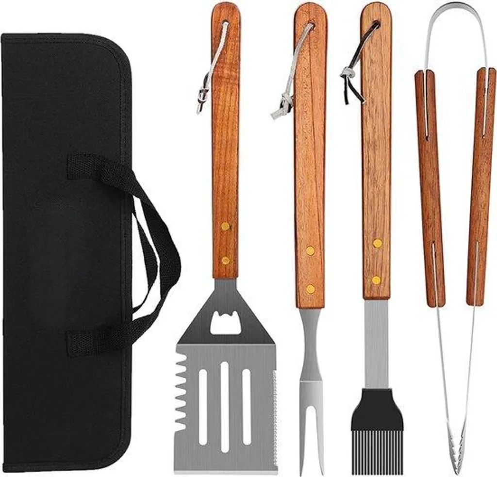 Kit grillade anti-brûlure 4 pièces en inox et bois avec housse de transport