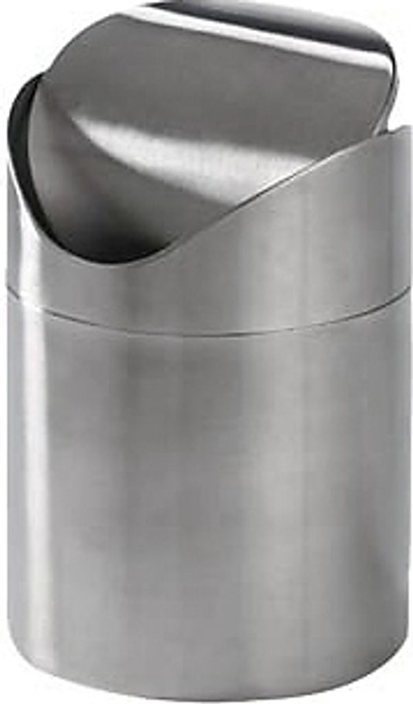 A stainless steel trash can with a swing lid.