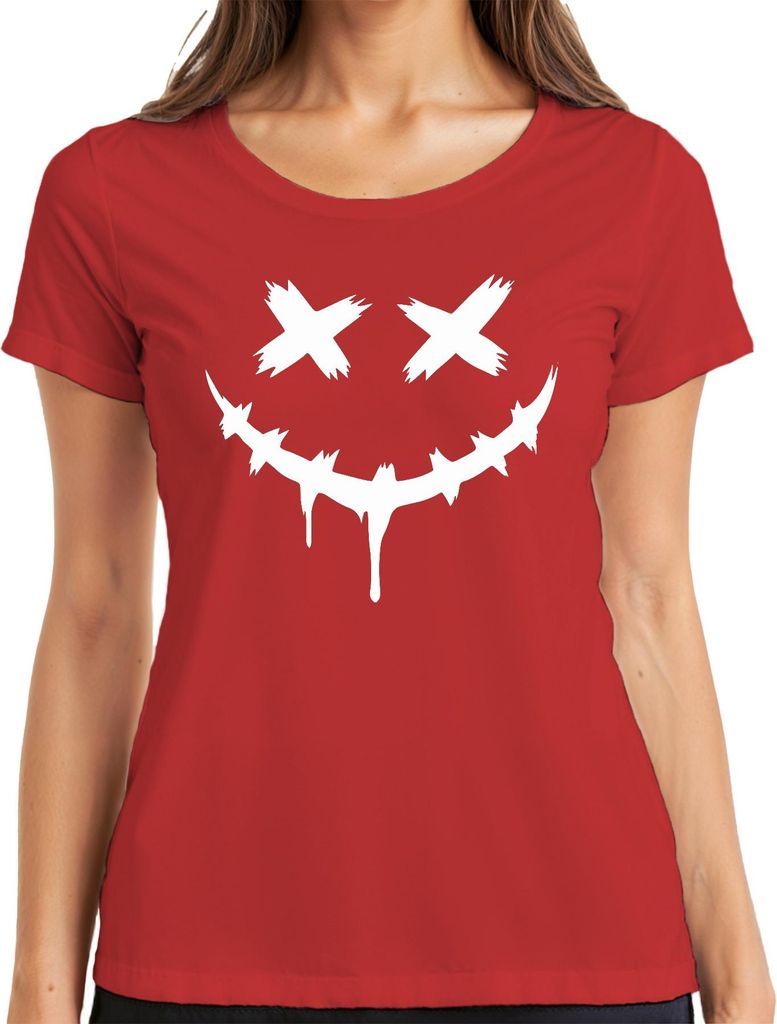 Halloween Gruselig Grinsend Gesicht X Augen Tropfend Stachelig Damen T-Shirt, Rot, 3XL