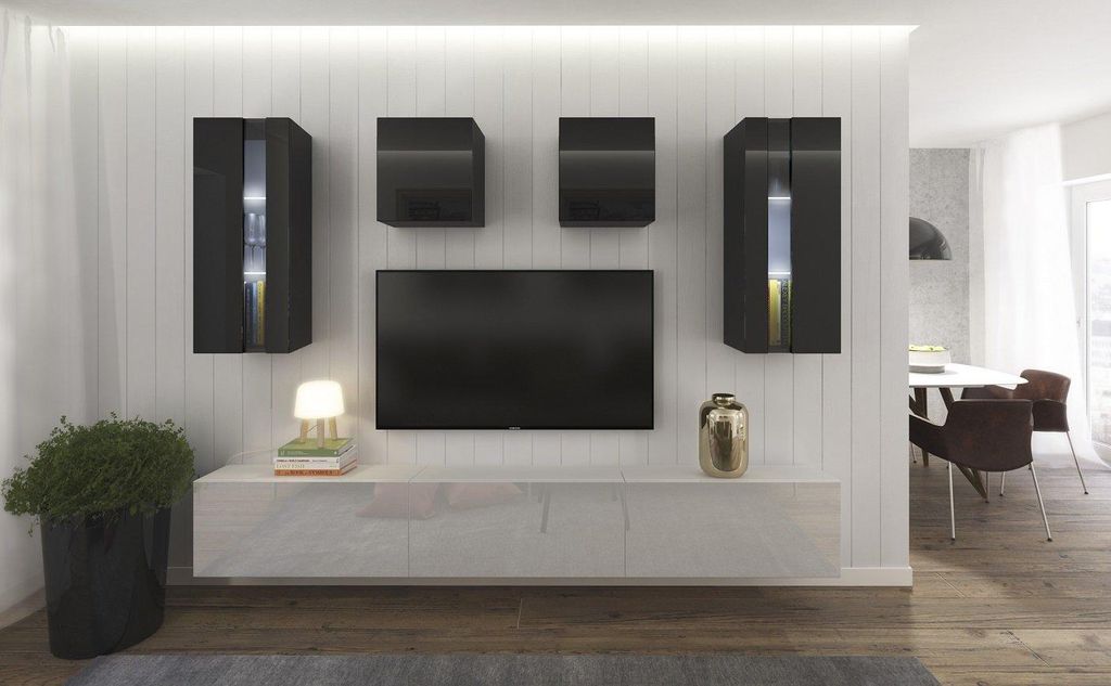 Furnitech Wohnwand Wohnzimmer - Wohnzimmer Möbel mit LED Weiß - Hängend Wohnwand Modern - Regale und TV Schrank (AN291-17BW-HG24 1A Klein)