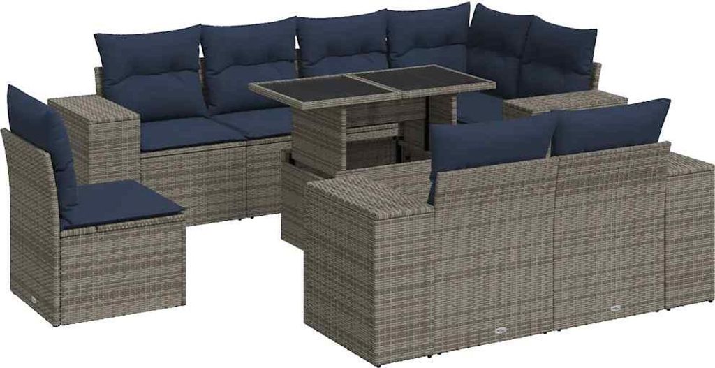 vidaXL 9-tlg. Garten-Sofagarnitur mit Kissen Grau Poly Rattan Akazie