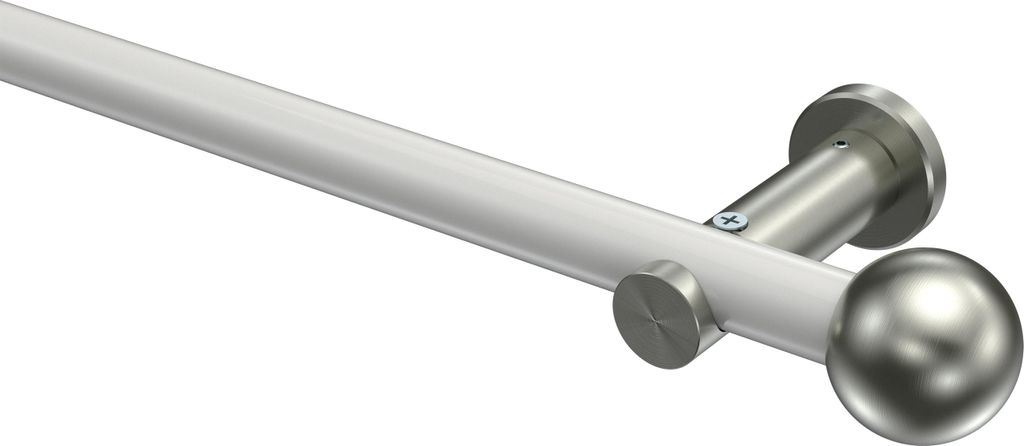 Interdeco Gardinenstange / Vorhangstange Weiß / Edelstahl-Optik, Typ Platon Luino (Kugel) ohne Ringe, 20 mm Ø 1-läufig, 240 cm