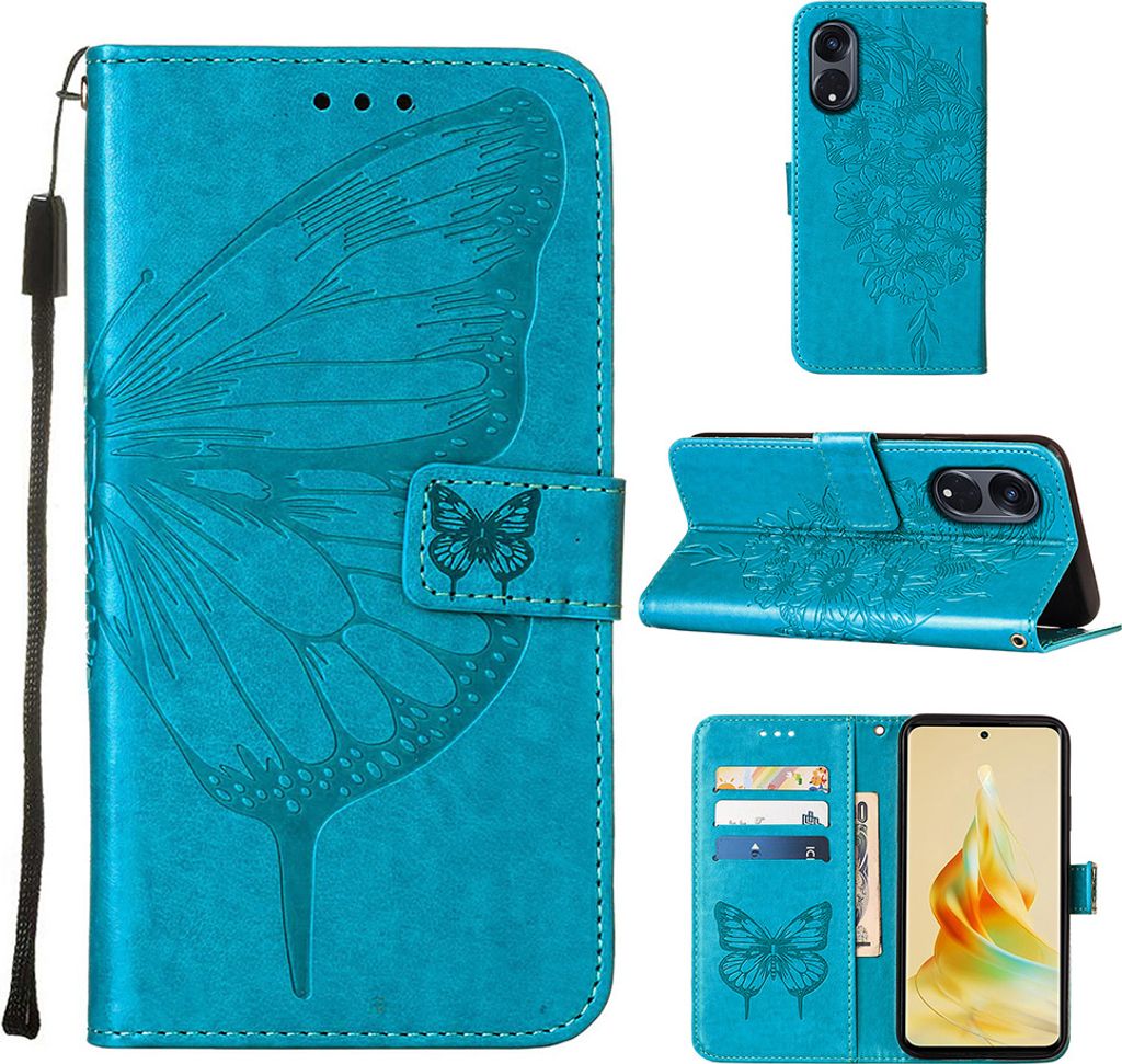 Lederhülle für OPPO Reno8 T 5G / A1 Pro 5G Schmetterling Prägung Flip Ledertasche Kartenfächer Handyhülle mit Ständer Blau