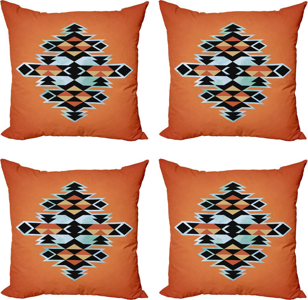 ABAKUHAUS Stammes Kissenbezug Set (4 Stück), Aztec Muster, Moderner Doppelseitiger Digitaldruck, 40 cm x 40 cm, Orange Schwarz Blassblau