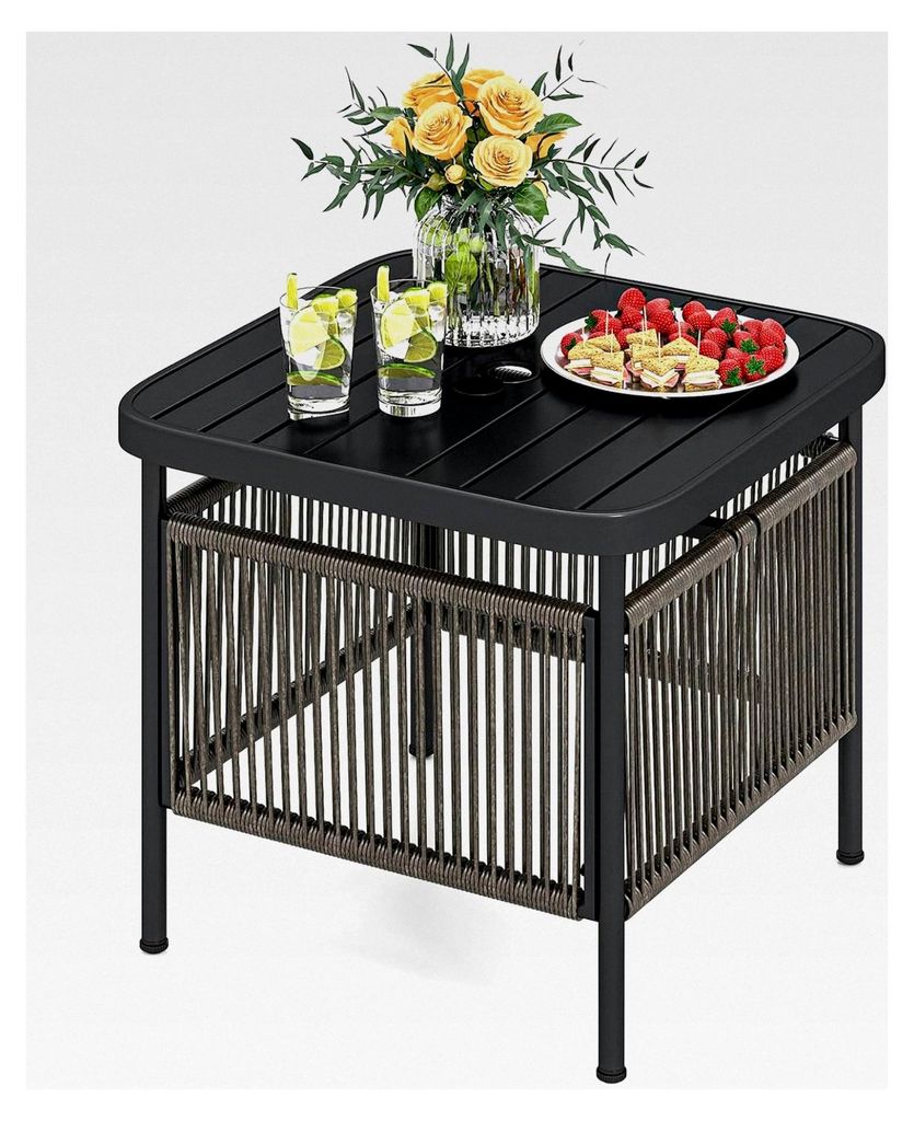Wetterfester Beistelltisch für den Außenbereich, Rattan Gartentisch mit Schirmloch, Kleiner Balkontisch, Kaffeetisch für Garten, Balkon, Terrass...