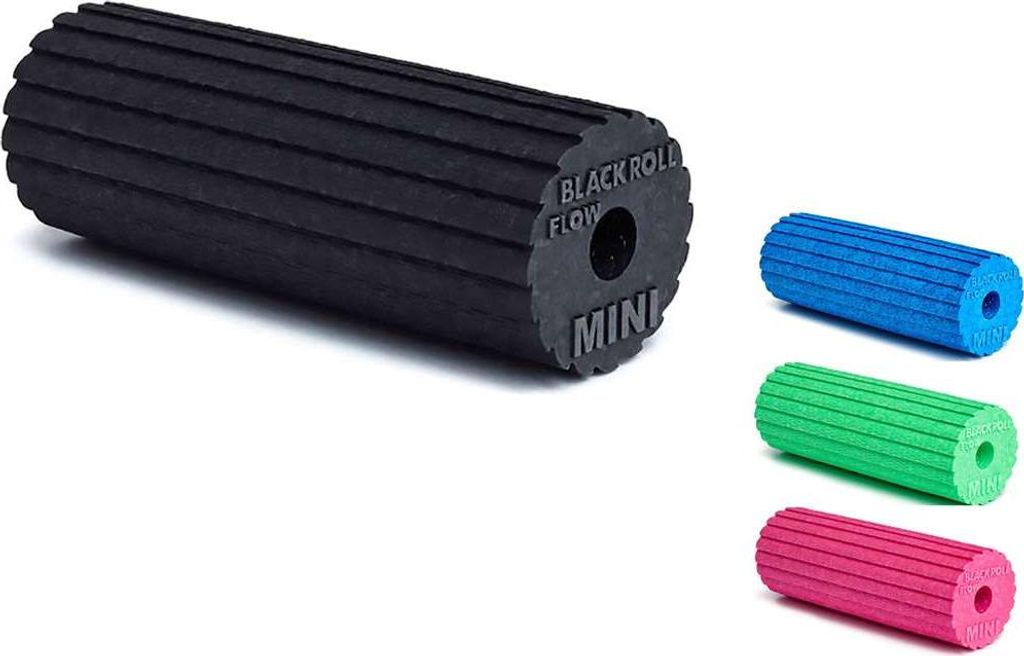 A black foam roller is shown on the left, with three smaller foam rollers in blue, green, and pink on the right.