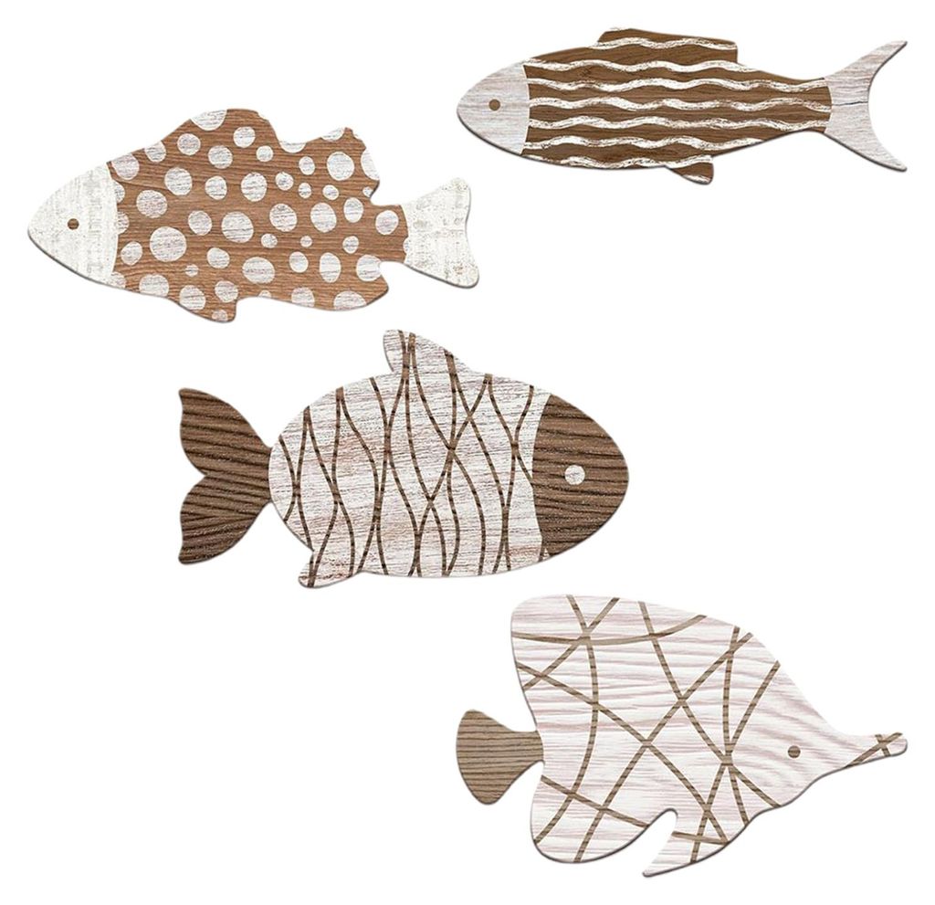 4-teiliges Set Nautische Holzfisch-Wanddekoration im Landhausstil, rustikale Fisch-Wandkunst-Skulptur für Wohnzimmer, Badezimmer, Wanddekoration