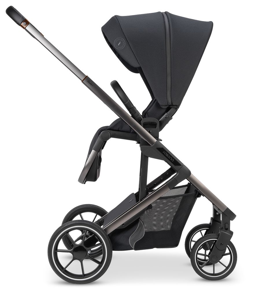A black and gray stroller is shown against a white background.