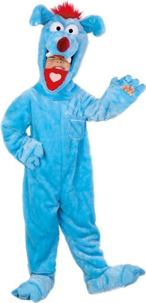A child wearing a blue monster costume with red hair and a red heart on its chest.