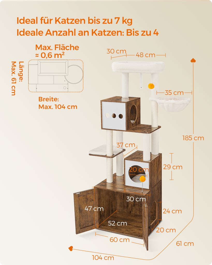Feandrea Kratzbaum, mit Katzenklo-Schrank, 185cm, Produktbild 4