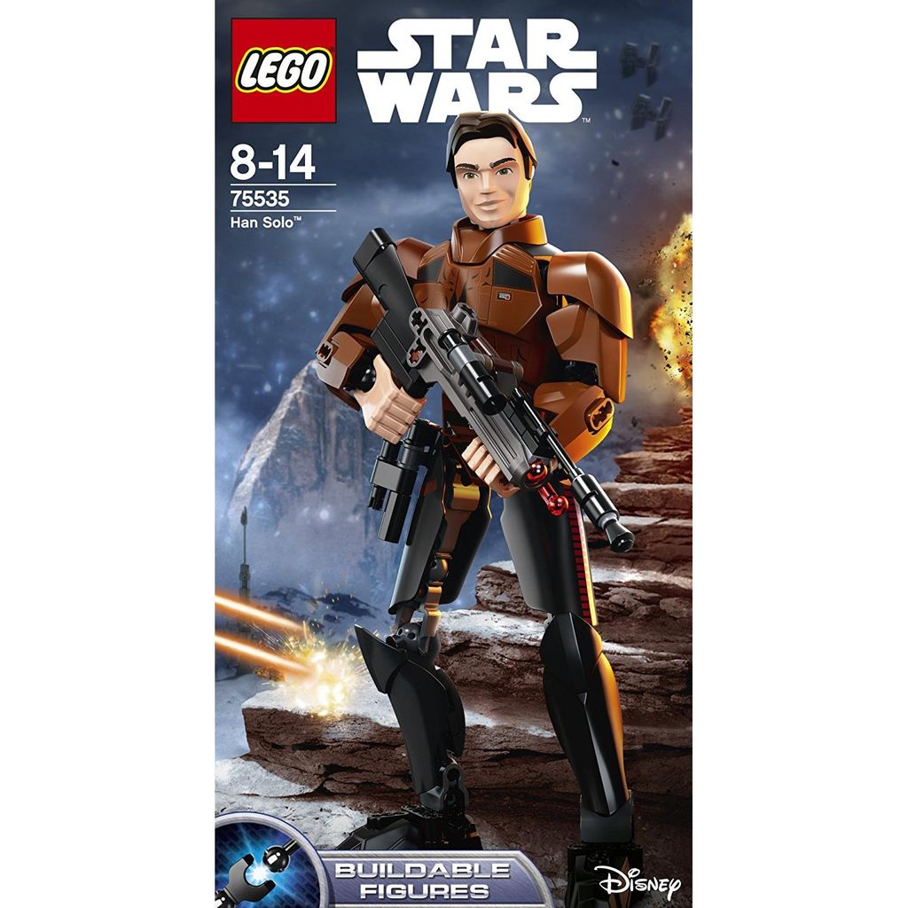 The image shows the packaging for a LEGO Star Wars Han Solo buildable figure. The packaging features a dynamic image of the figure in action, with explosions and a rocky landscape in the background. Text on the packaging includes the LEGO and Star Wars log