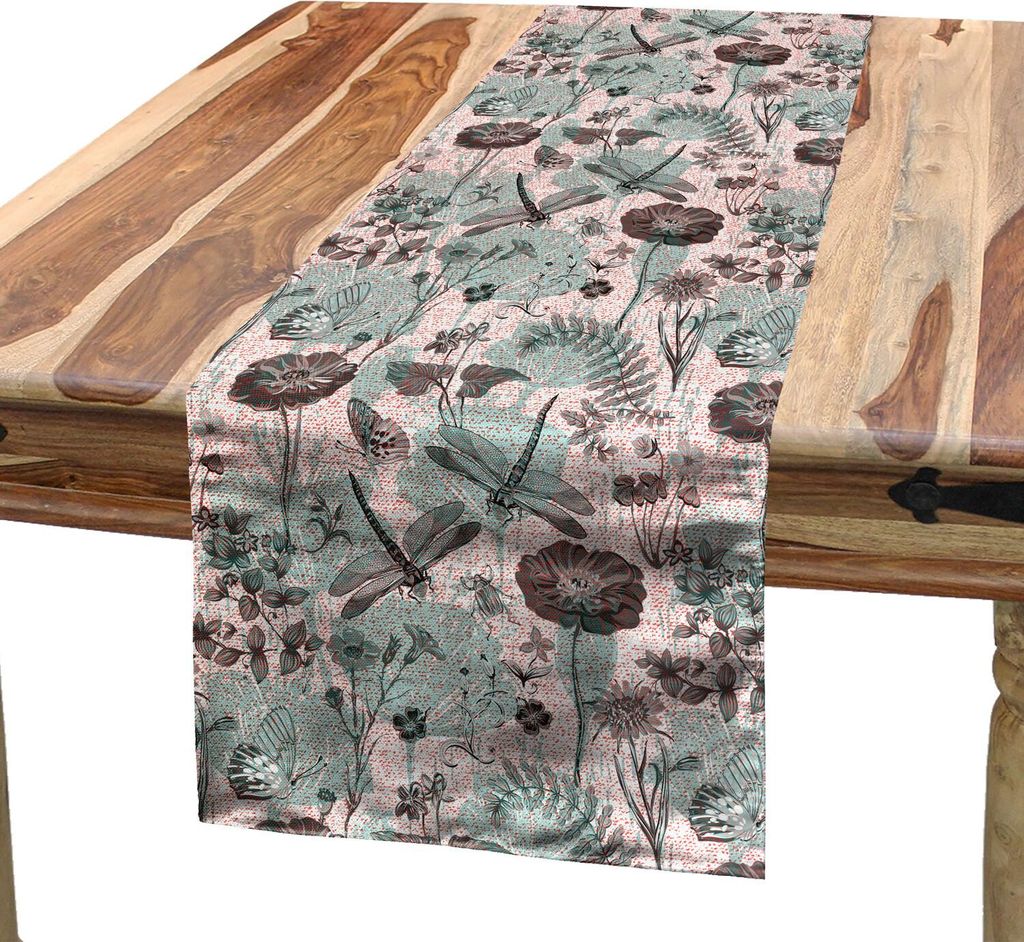 ABAKUHAUS Blume Tischläufer, Vintage Style Botanische Komposition mit Blumenblüten Libellen Flora und Fauna, 40 x 180 cm, Mehrfarbig