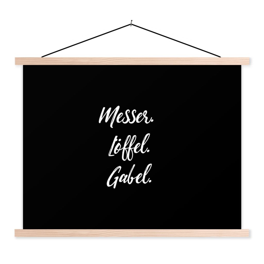 MuchoWow Textilposter Zitate - Kochen - Sprichwörter - Messer. Löffel. Gabel - Besteck 120x90 cm mit holzfarbenen Rahmen - Magnetisch