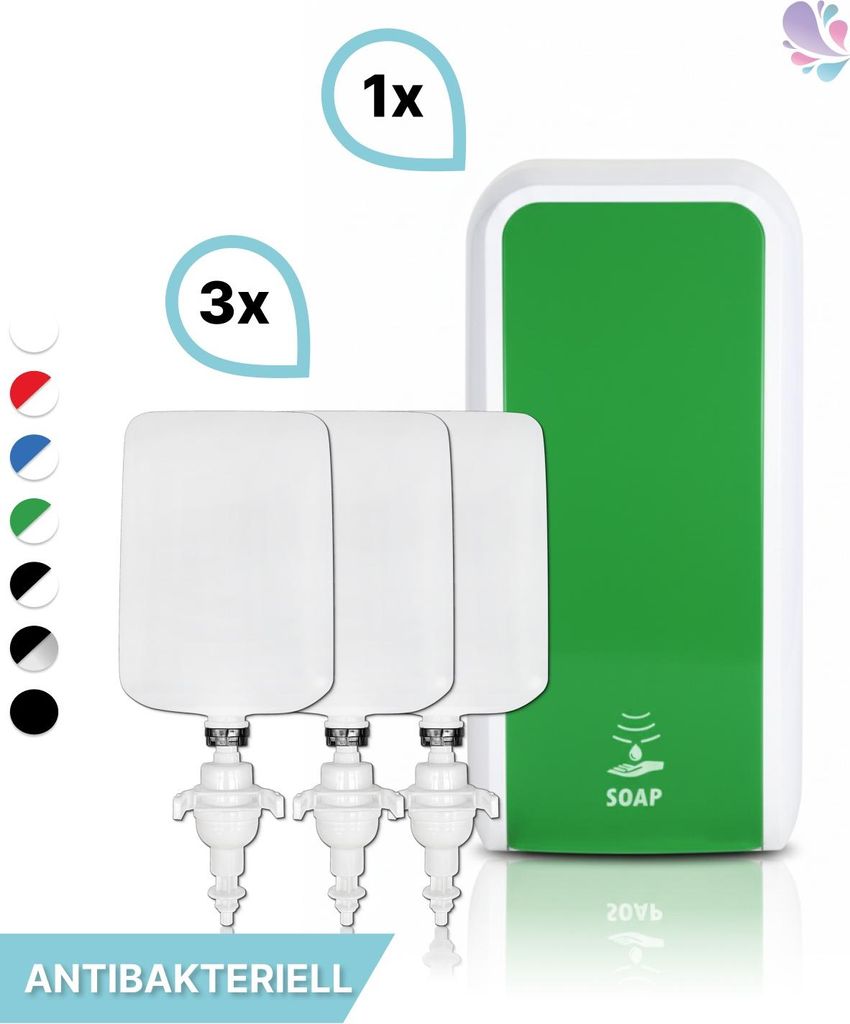 SET: Schaumseifenspender SENSOR, berührungslos Blanc Cosmos versch. Farben+3x 1-Liter Schaumseife antibakteriell - PRODUKTSET : Farbe - Grün / We...