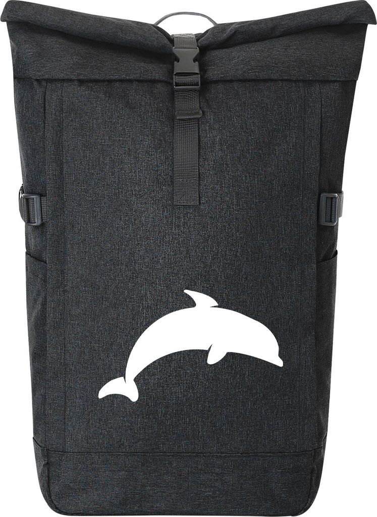 Huuraa Kurierrucksack Delfin Silhouette 30-44 Liter Black Melange Fairtrade Rolltop Rucksack Geschenkidee