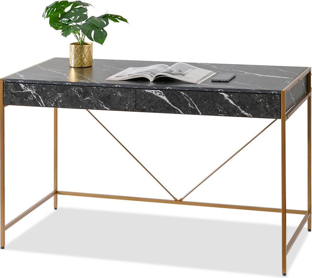 A black marble desk with gold legs and a plant on top.