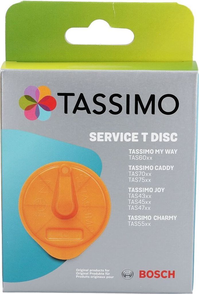 The image shows the packaging for a Tassimo Service T Disc, which is an accessory for Tassimo coffee machines.