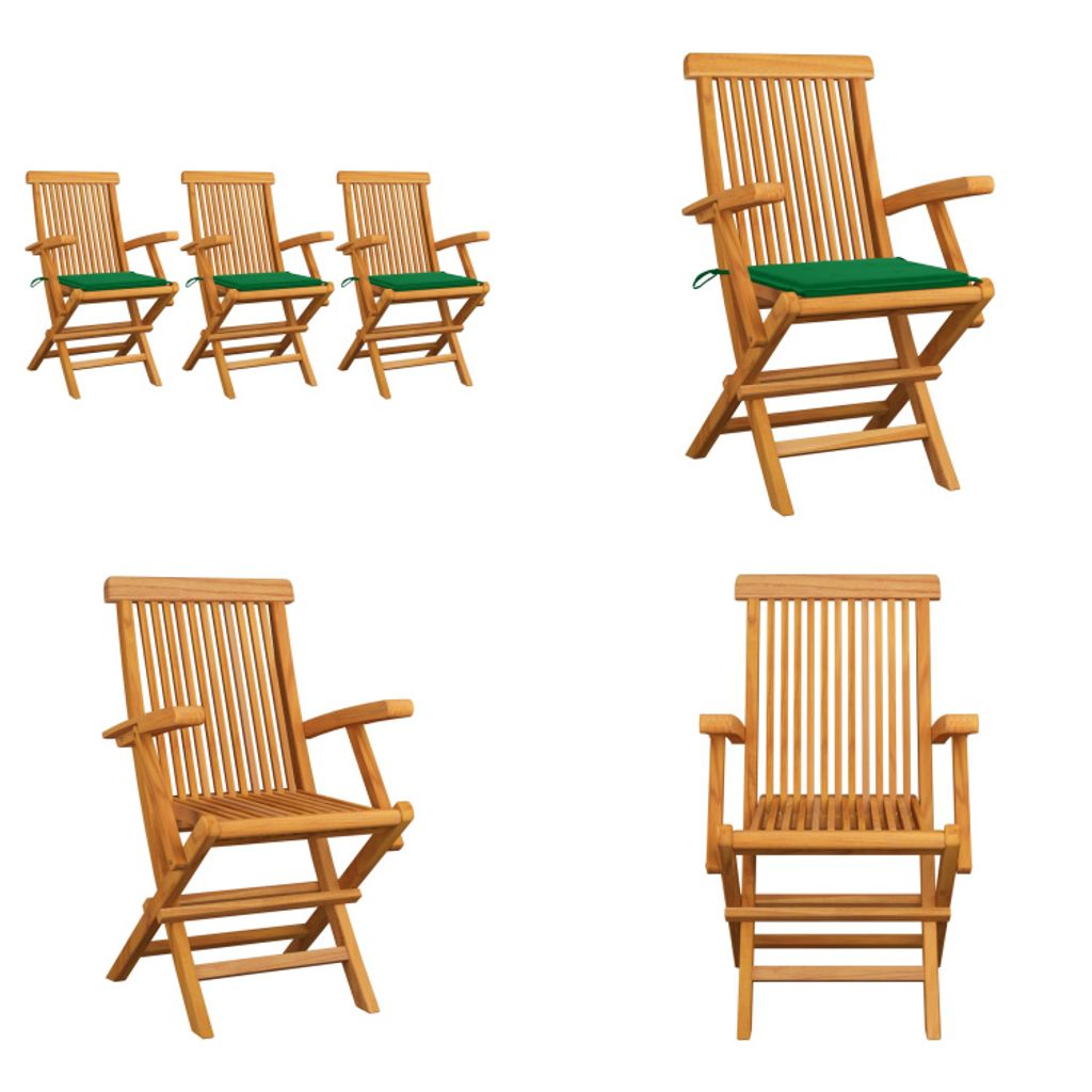 vidaXL Gartenstühle mit Grünen Kissen 3 Stk. Massivholz Teak - Gartenstuhl - Gartenstühle - Gartenstuhl Holz - Gartenstuhl Massivholz