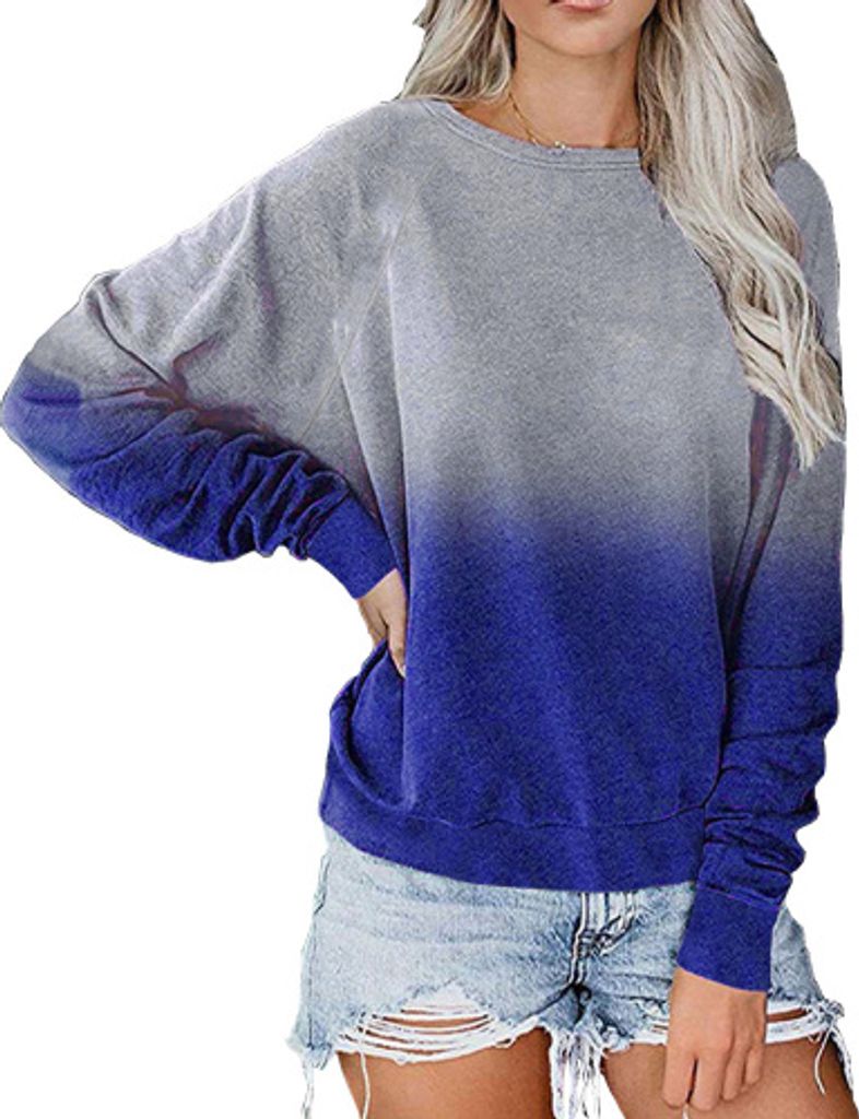 Sweatshirts Damen Lose O-Ausschnitt Kontrastfarbe Frauen Langarm Pullover Bluse Tops, Blau, XL