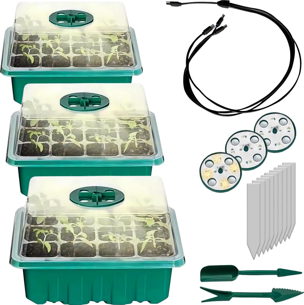 1.02 Mini Gewächshaus mit LED Beleuchtung - 3er Set / je 19 x 15 x 11 cm - 3 Stück mit Deckel aus Kunststoff