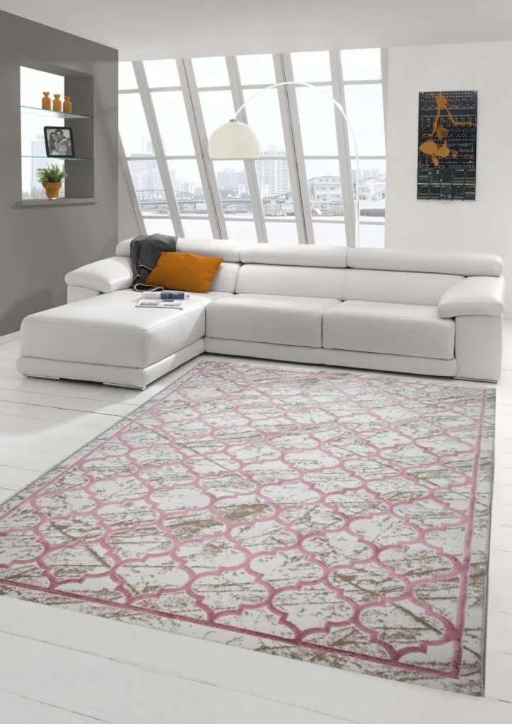 Tapis couloir antidérapant beige rose marocain facile à nettoyer