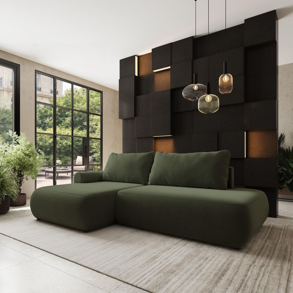 Masseno Ecksofa NUVIRA CL L-S mit Schlaffunktion L-Form, Sofa mit Bettkasten, Wohnzimmersofa, Couch, Soffa, Bettsofa, Couchgarnitur- Olivgrün, CAS...