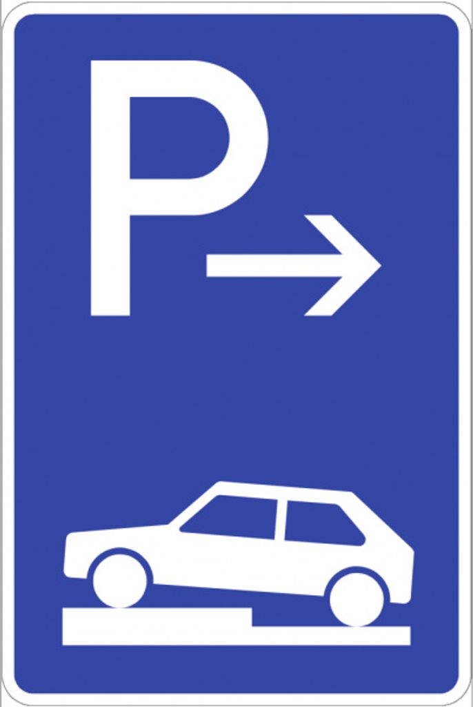 Verkehrsschild VZ315-71, Parken halb auf Gehwegen quer links (Anfang), Alu, R...