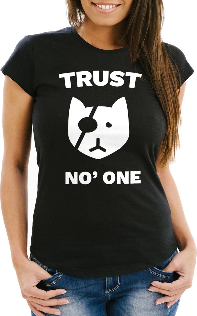 Damen T-Shirt Trust No One Katze mit Augenklappe Slim Fit Moonworks schwarz L