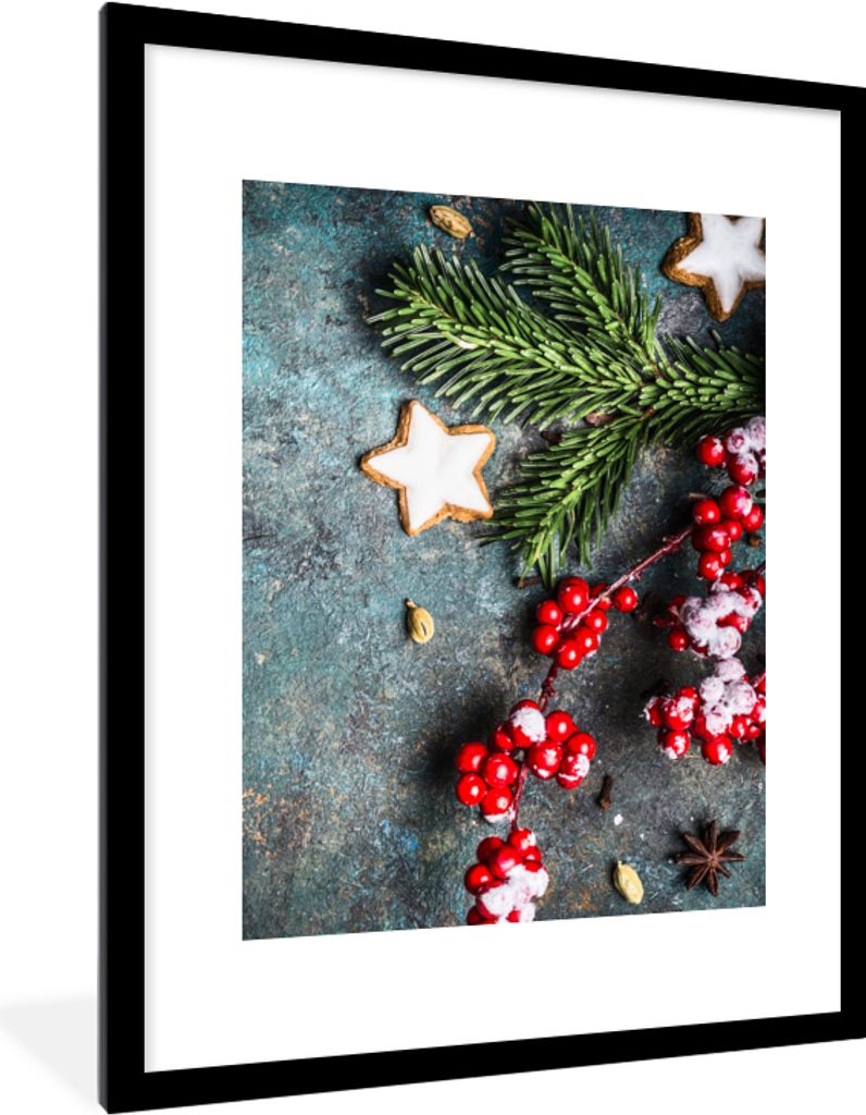 MuchoWow Gerahmtes Poster Weihnachten - Rustikal - Zweige - Sternanis - Beeren - Rot 60x80 cm - Poster mit Schwarzem Bilderrahmen Wandposter Rahm...