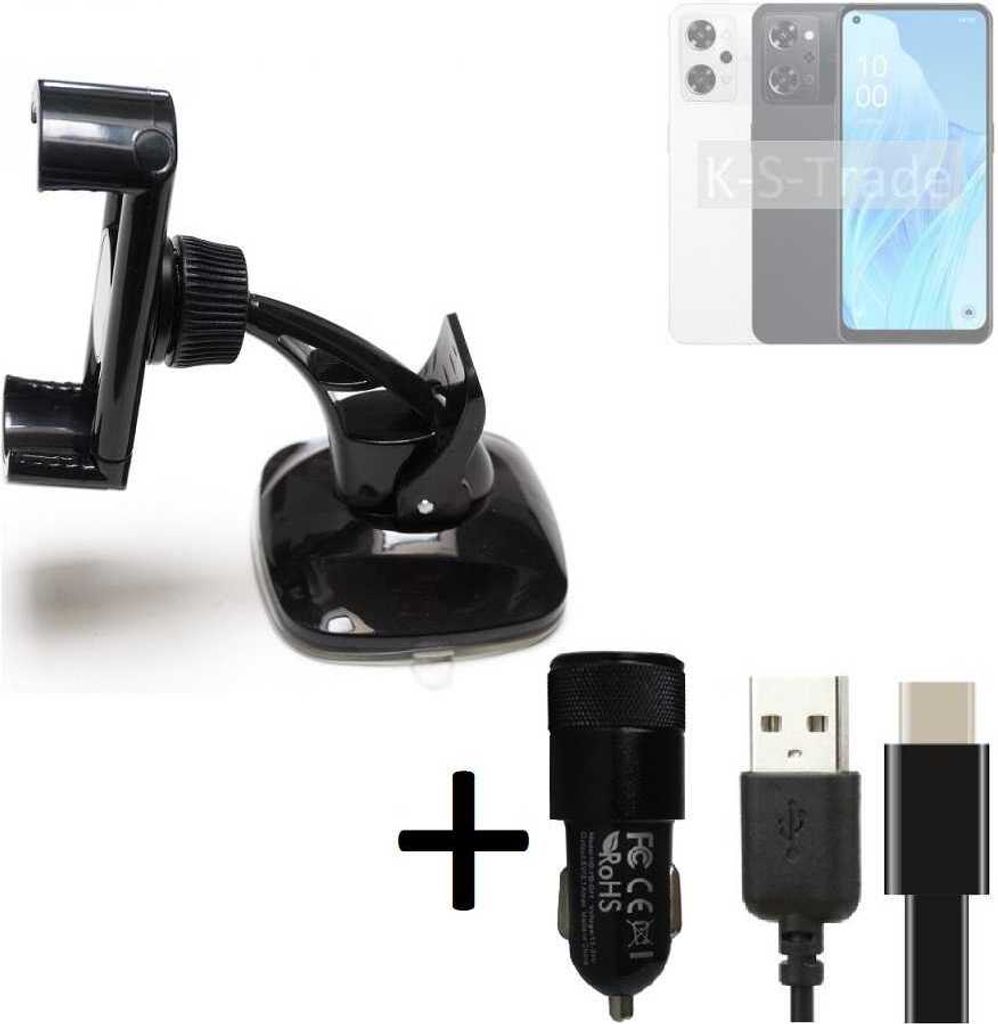 K-S-Trade Handy-Halterung kompatibel mit Oppo Reno9 A Windschutzscheibe / Armaturenbrett + LADEGERÄT mit Mico USB Kabel Autohalterung