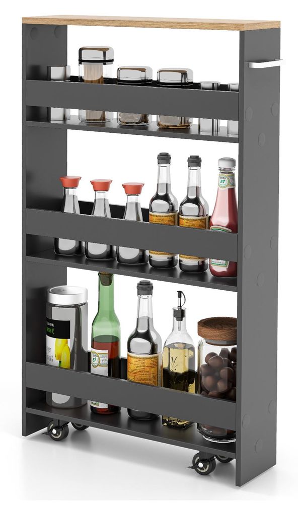 A narrow, multi-tiered storage trolley filled with various bottles and jars, placed on a white background.