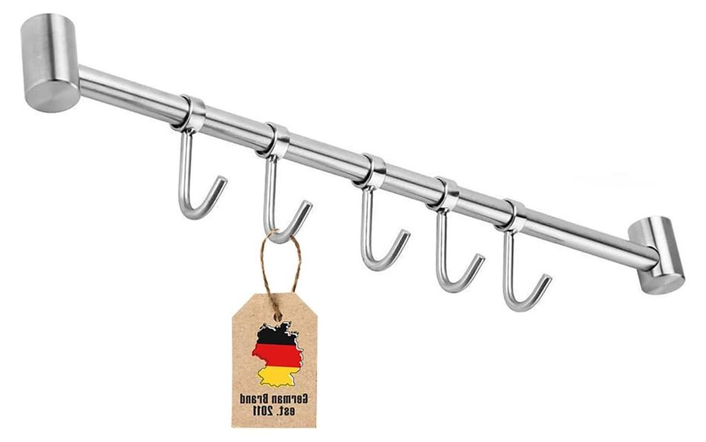 Edelstahl Hängeleiste für die Küche mit 5 beweglichen Haken - 35,8 x 3,4 x 2,2 cm - Halter für Küchenutensilien und Tassen