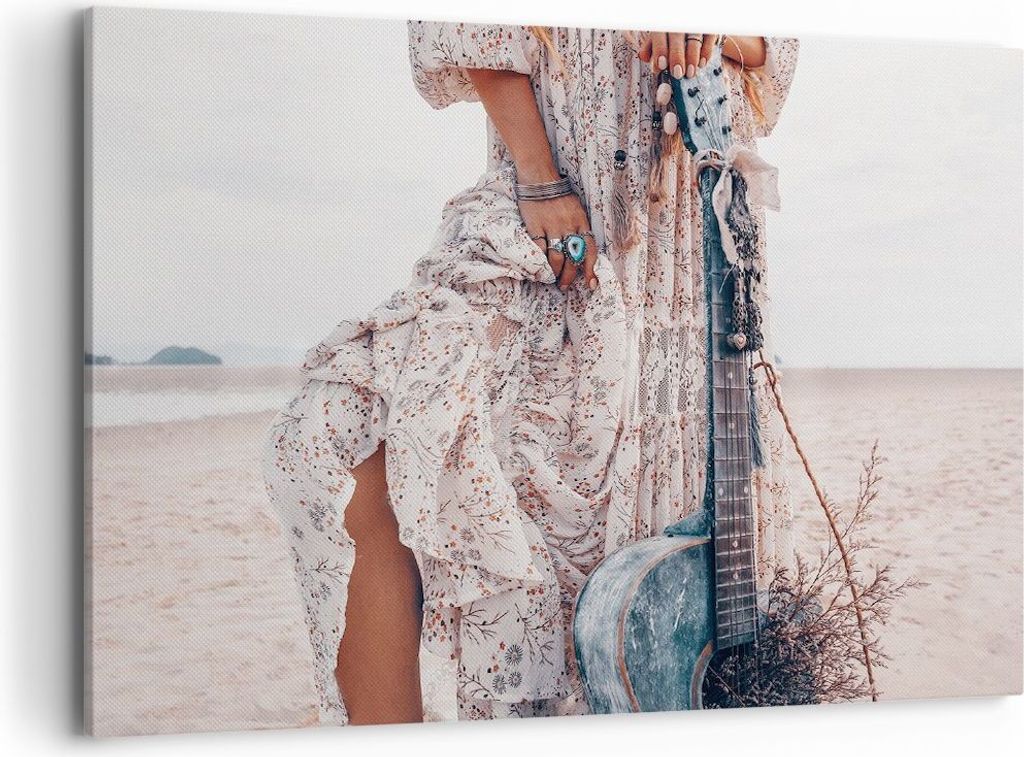 Bild auf Leinwand - Leinwandbild - Einteilig - Frau Kleid Gitarre - 100x70cm - Wand Bild - Wanddeko - Wandbilder - Leinwanddruck - Bilder - Wanddek...
