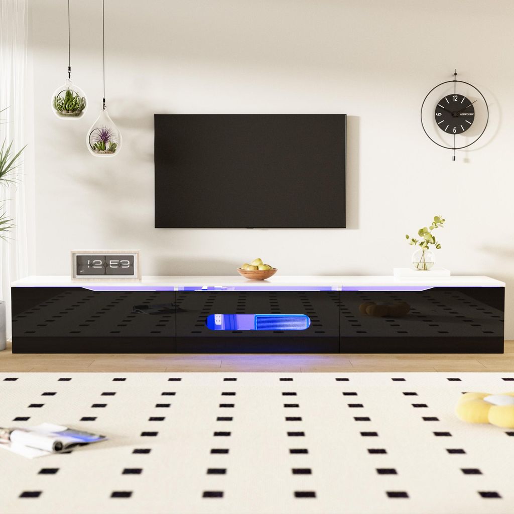 TV-Ständer, 180 cm breit, schwarz-weiß – Hochglanzlackierung, 16-farbige LED-Beleuchtung, Wandmontage