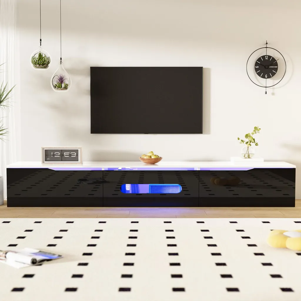 Meuble TV L180 cm Noir et Blanc Brillant avec LED 16 Couleurs Design Chic