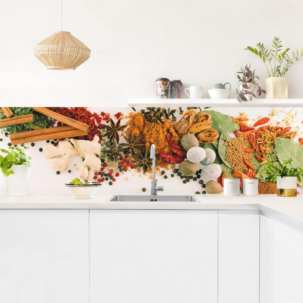 Küchenrückwand Kulinarisch selbstklebend - 0.35 mm Wandpaneel wasserfest Gewürze Kräuter orange Orientalisch Spritzschutz fugenlos